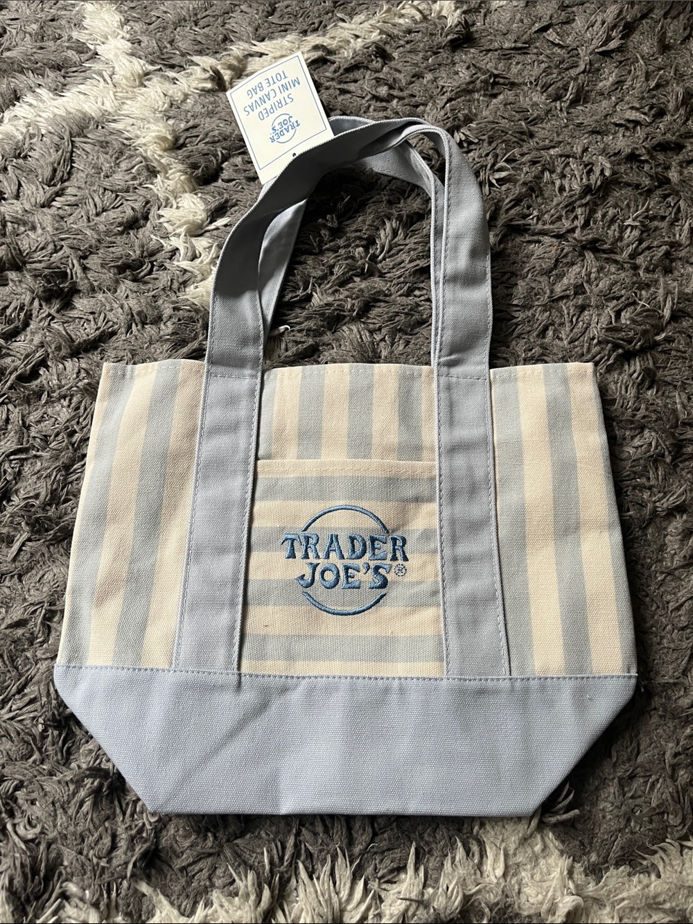 Trader Joe’s striped mini canvas tote. Blue. New with tags.